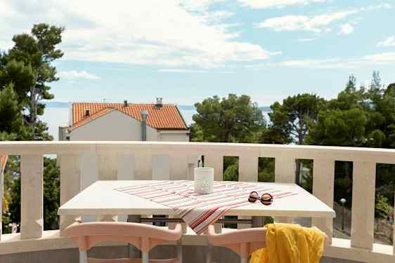 En balkong med bord dekket av stripete duk, solbriller og gul sjal, med utsikt mot havet og hus. (AI-generert tekst)