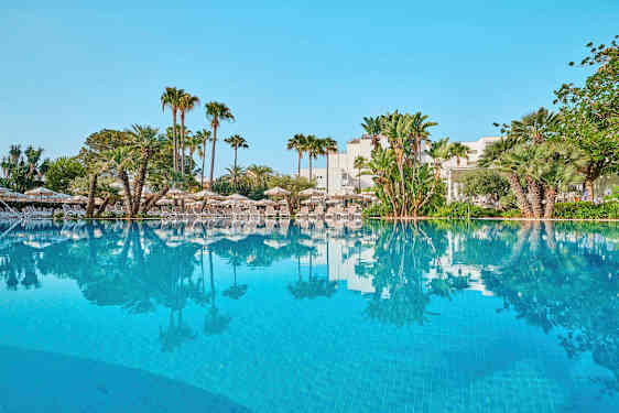 Utendørsbasseng omgitt av solsenger og palmer. (AI-generert tekst)