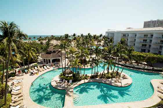 Bildet viser et luksuriøst feriested med et stort basseng omgitt av solsenger og palmer. I bakgrunnen kan man se flere bygninger og havet. (AI-generert tekst)