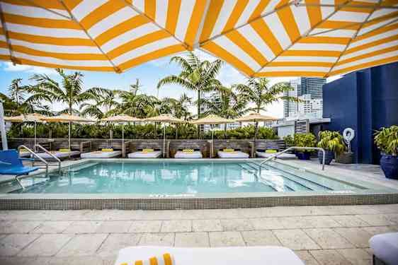 Et bassengområde med solsenger, parasoller og palmer i bakgrunnen. (AI-generert tekst)