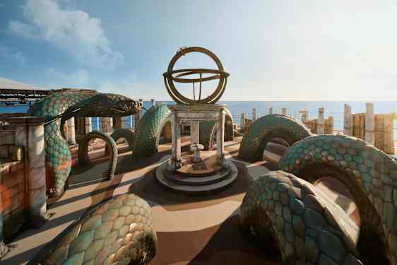 Skulptur av en slange med flere svingende kropper omgitt av en historisk søylegang ved havet. (AI-generert tekst)