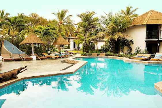 Et basseng omgitt av solsenger og tropiske planter. (AI-generert tekst)