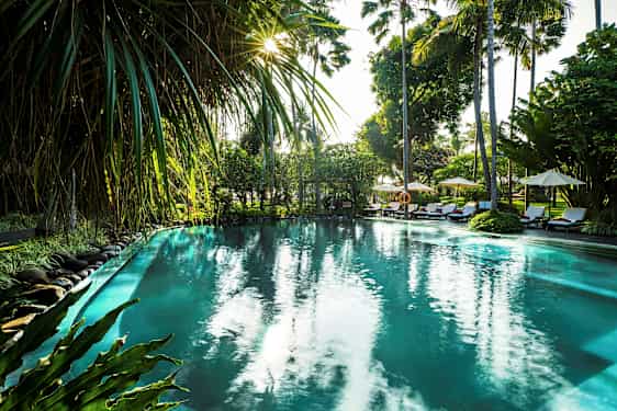 Et utendørs svømmebasseng omgitt av tropiske planter og palmer ved solnedgang. (AI-generert tekst)