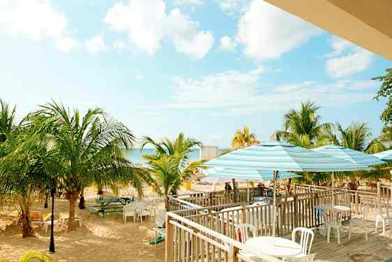 Bilde av en strand med palmer, bord og stoler samt parasoller. Himmelen er klar med noen skyer. (AI-generert tekst)