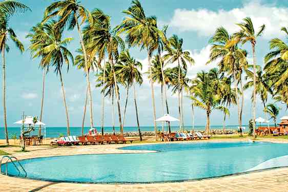 Bilde av et basseng omgitt av palmer med utsikt over havet i bakgrunnen. (AI-generert tekst)