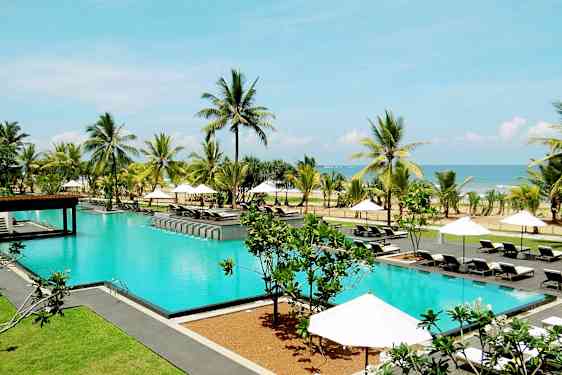 Et utendørsbasseng omgitt av solsenger, parasoller, palmer og med utsikt mot havet. (AI-generert tekst)