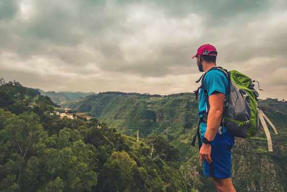 En person med ryggsekk står og ser ut over en grønn dal under overskyet vær. (AI-generert tekst)