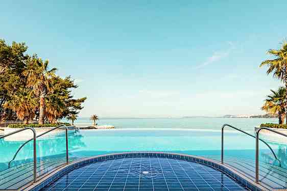 Basseng med havutsikt og omkringliggende palmer. (AI-generert tekst)