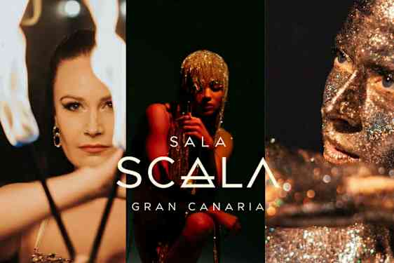 Flammer, glitter og teksten 'Sala Scala Gran Canaria'. (AI-generert tekst)