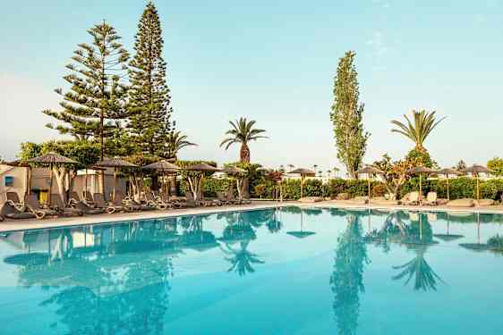 Utsikt over et basseng med solsenger og parasoller på kanten, omgitt av trær og busker. (AI-generert tekst)