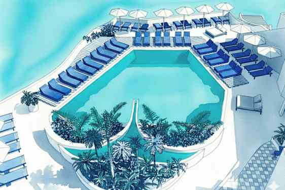 Et utendørs basseng omgitt av solsenger og parasoller samt grønne planter. (AI-generert tekst)