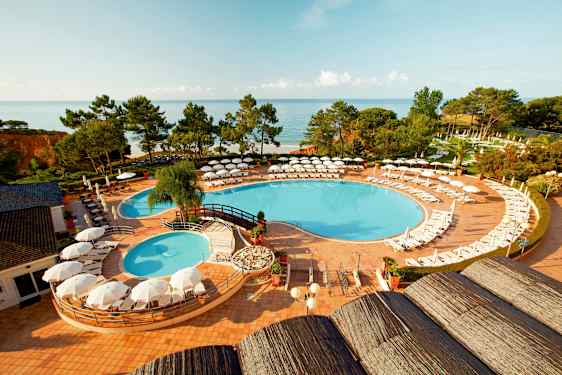 Utsikt over et basseng med solsenger og parasoller, omgitt av grønne omgivelser og med havet i bakgrunnen. (AI-generert tekst)