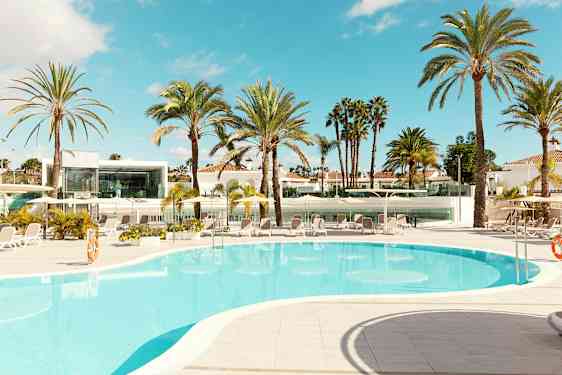 Bassengområde med palmer, solsenger og moderne bygning i bakgrunnen. (AI-generert tekst)