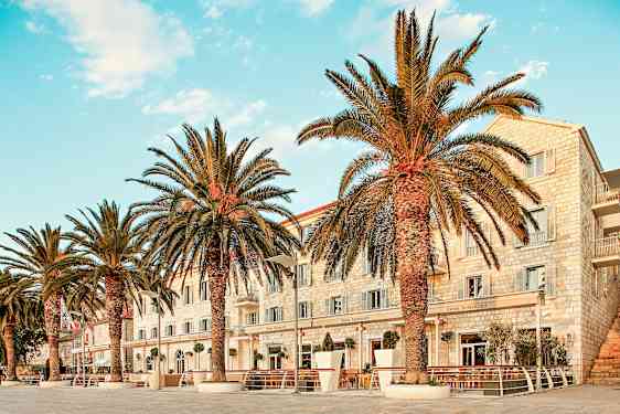 Bilde som viser en rekke palmetrær foran en steinbygning med blå himmel i bakgrunnen. (AI-generert tekst)