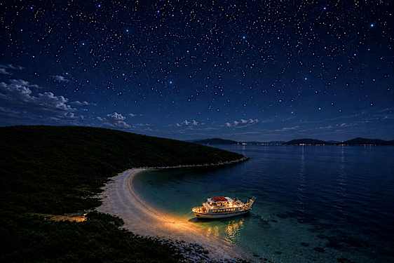 En båt ligger forankret ved en liten strand under en stjerneklar nattehimmel. (AI-generert tekst)