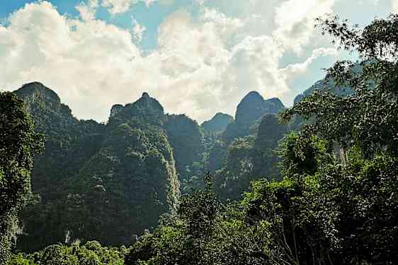 Grønne fjell med trær og blå himmel i bakgrunnen. (AI-generert tekst)