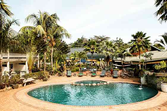 Et utendørsbasseng omgitt av grønne palmer og solsenger, med en bygning i bakgrunnen. (AI-generert tekst)