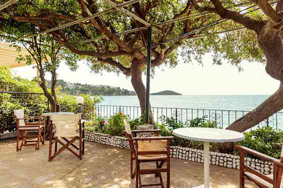 Uteområde med utsikt over havet gjennom tregrener, bord og stoler i forgrunnen. (AI-generert tekst)