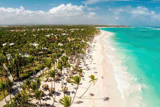 En hvit sandstrand med turkis vann og mange palmer. Strandbesøkende og strandstoler kan sees langs stranden. (AI-generert tekst)