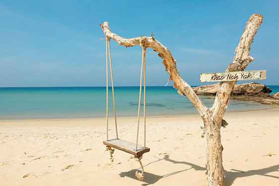 En trehus gjenna rep henger fra en gren ved stranden med blått hav i bakgrunnen. (AI-generert tekst)