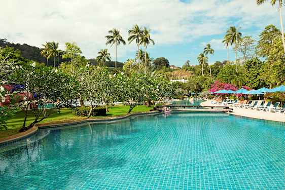 Et svømmebasseng omgitt av solsenger, parasoller og palmetrær. (AI-generert tekst)