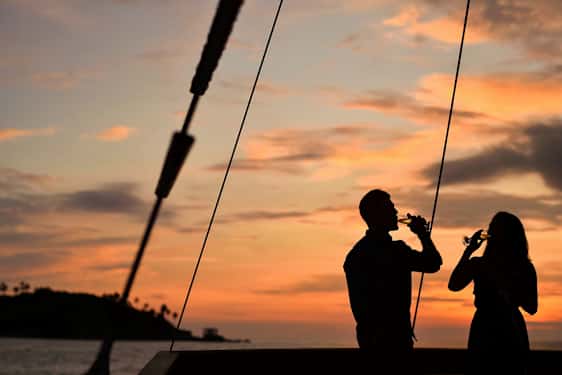 Silhuetter av to personer som holder glass ved solnedgang med havet og en liten øy i bakgrunnen. (AI-generert tekst)
