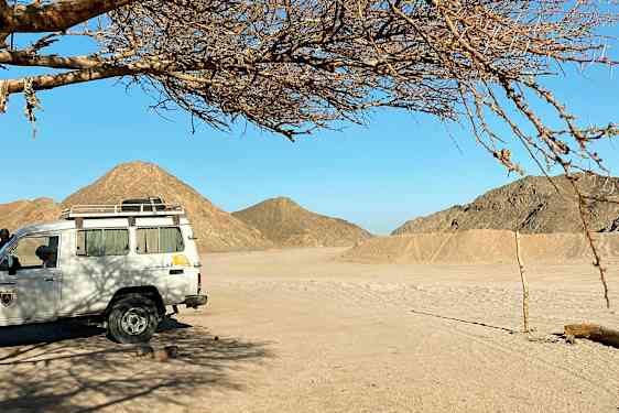 En hvit bil står parkert under et tre i en ørkenomgivelse med fjell i bakgrunnen. (AI-generert tekst)