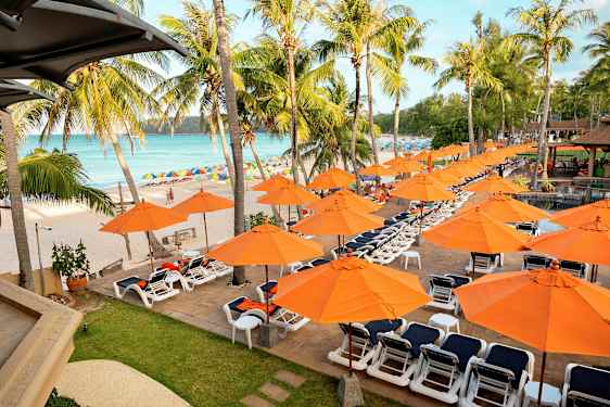 Solstoler og oransje parasoller ved en strand med palmer. (AI-generert tekst)