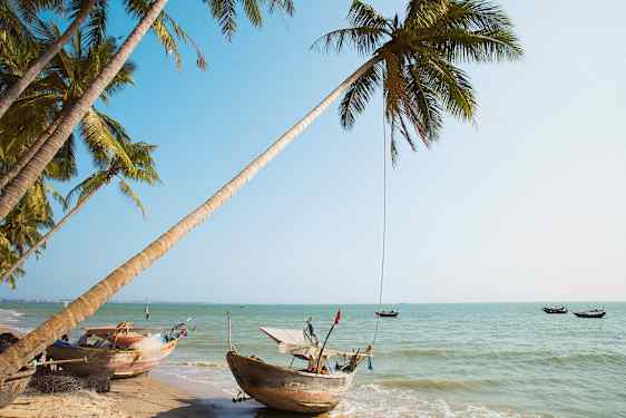 Utsikt over en tropisk strand med palmer og tradisjonelle båter ved vannet. (AI-generert tekst)