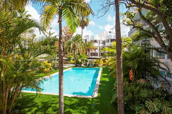 Et svømmebasseng utendørs omgitt av palmer og bygninger. (AI-generert tekst)