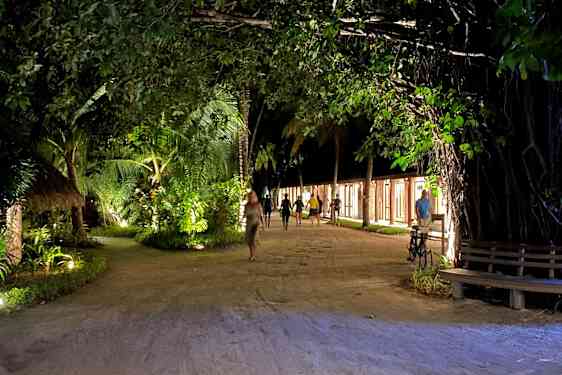 Sandvei, vegetasjon og opplyste butikker om kvelden