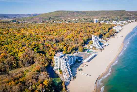 En lang sandstrand følger kysten ved blått vann, med flere store bygninger langs stranden og et stort skogsområde innenfor.