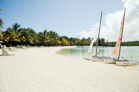 Solsenger og palmetrær langs en kritthvit strand på Mauritius.