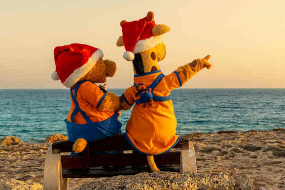 Lollo og Bernie i nissehuer på stranden