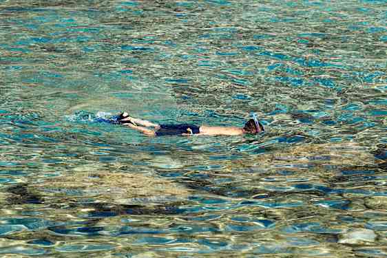 Person snorkler i klart turkist vann ved Grande Blue-stranden i Archangelos på Rhodos.