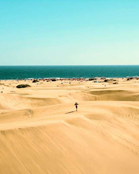 Utsikt over sanddynene i Maspalomas med havet i bakgrunnen.