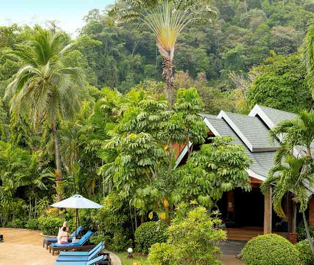 En tropisk hage med grønne palmer og busker, samt en bygning med spisse tak. I forgrunnen er det solsenger og parasoll. (AI-generert tekst)