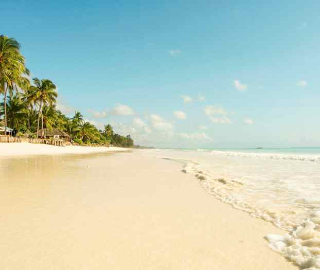 Tropisk strand med palmer og hvit sand. (AI-generert tekst)