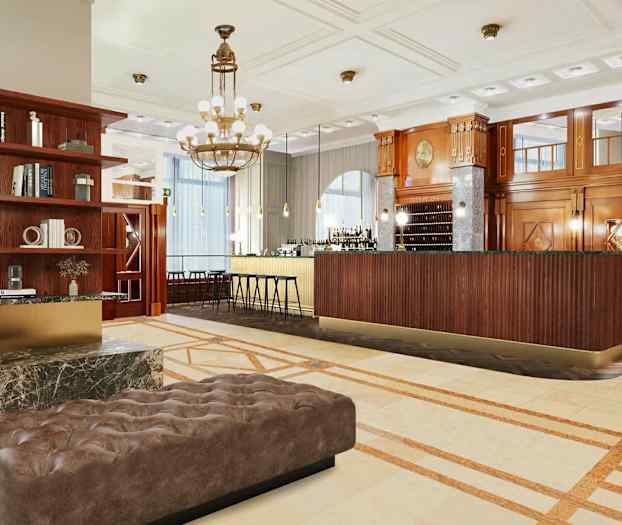 Resepsjonsområde med elegant interiør, inkludert en skinnbenk og hyller med bøker. (AI-generert tekst)