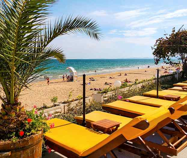 Bilde av en solrik sandstrand med gule solsenger, en palme i forgrunnen og det blå havet i bakgrunnen. (AI-generert tekst)