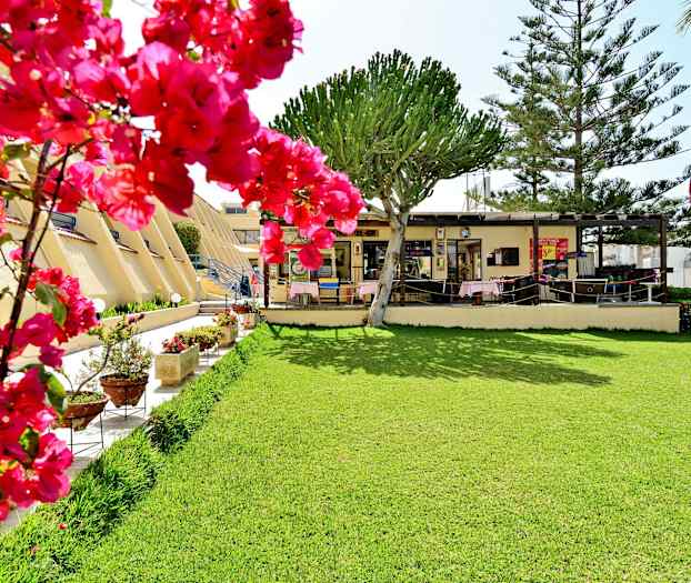 Bilde av en plen foran en bygning med trær og blomstrende rosa busker. (AI-generert tekst)