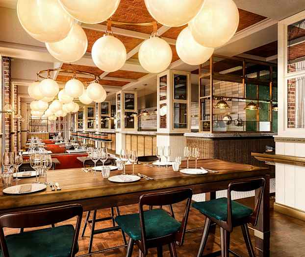 Interiør av en elegant restaurant med dekkede spisebord og glasslamper i taket. (AI-generert tekst)