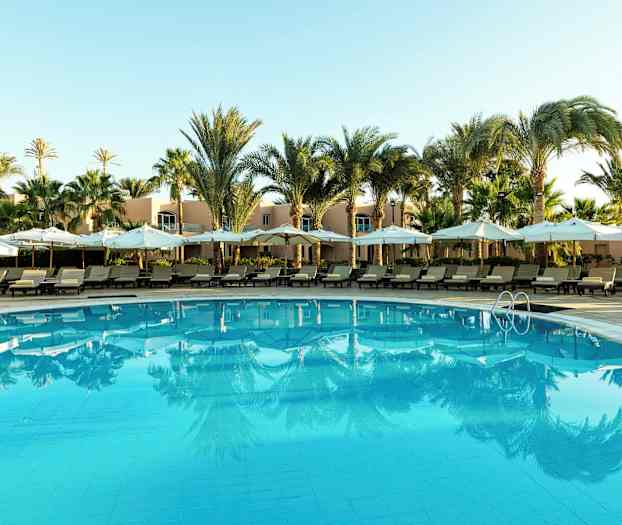 Et utendørs svømmebasseng omgitt av solsenger, parasoller og palmer. (AI-generert tekst)