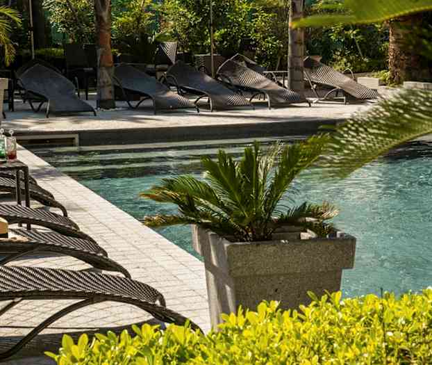 Et utendørsbasseng med solsenger og planter i nærheten. (AI-generert tekst)