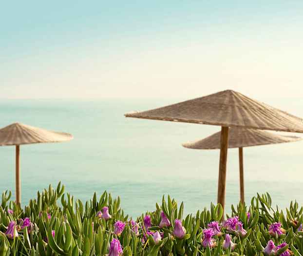 To strandparasoller med sjøbakgrunn og blomster i forgrunnen. (AI-generert tekst)
