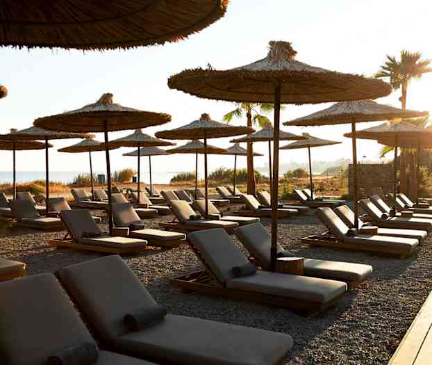 En rekke solsenger med parasoller på en steinete strand med hav i bakgrunnen. (AI-generert tekst)