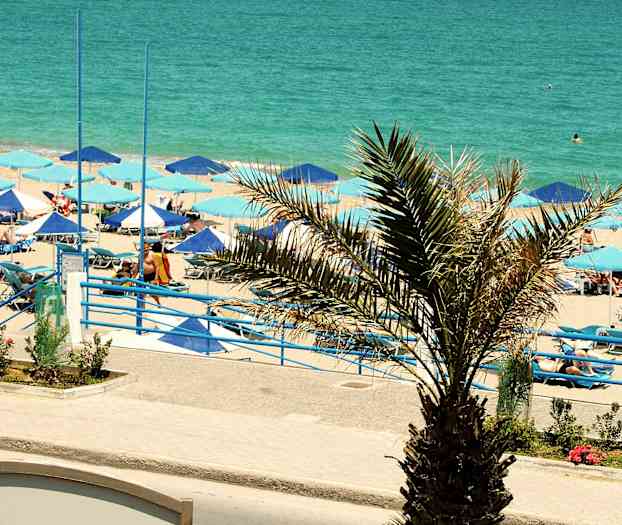 Strand med solsenger og parasoller nær sjøen, med en palme i forgrunnen. (AI-generert tekst)