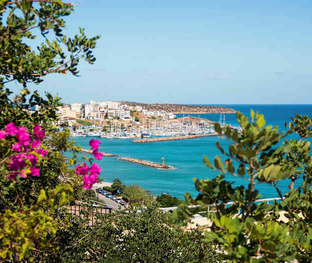 Bilde av en havn med seilbåter omgitt av bygninger, sett mellom grøntområder og rosa blomster. (AI-generert tekst)
