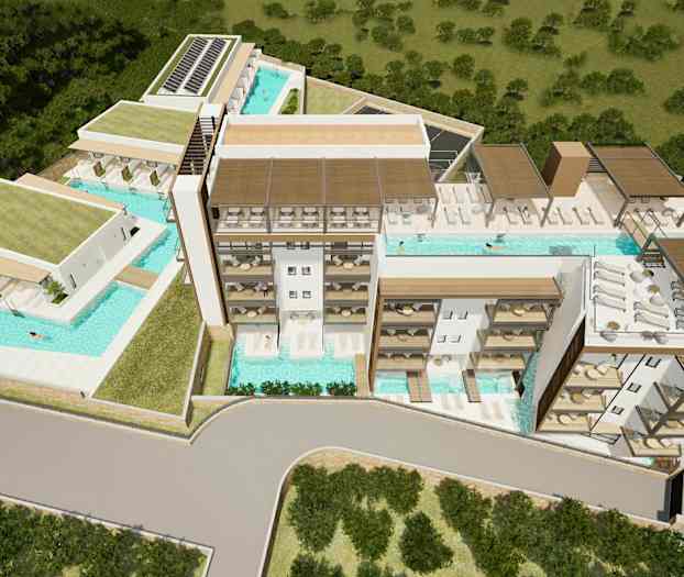 Hotell med flere etasjer og bassengområder, omgitt av grøntområder. (AI-generert tekst)