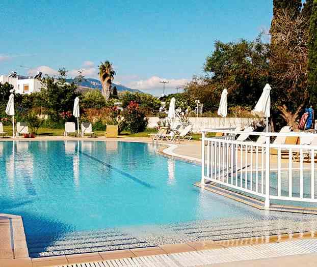 Utendørs svømmebasseng med solsenger og parasoller på siden, omgitt av trær og planter. (AI-generert tekst)